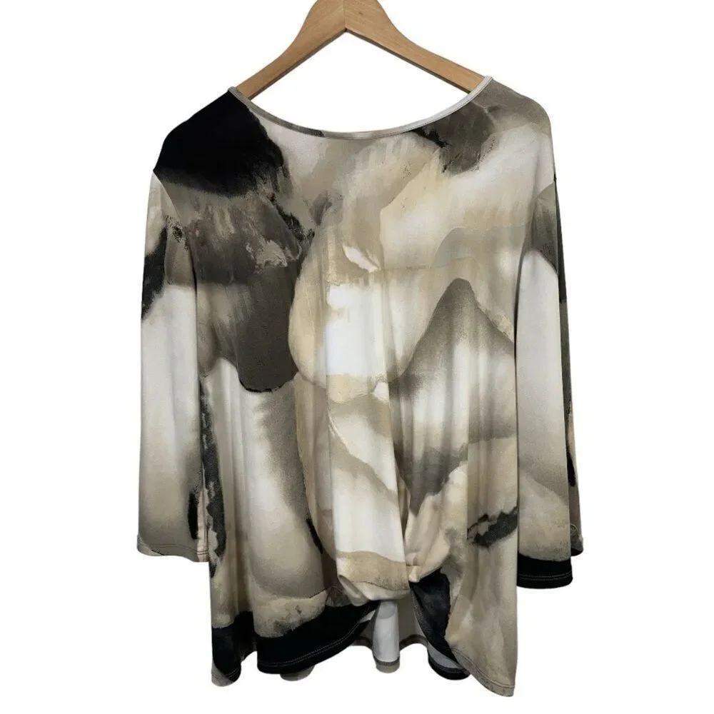 CLARA SUNWOO Women’s Watercolor Twisted Hem Pullover Blouse Ivory/Black Size 2X